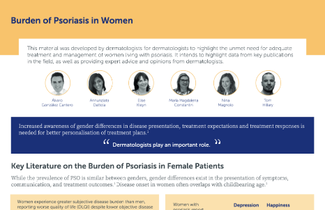 One-page summary of key data on the increased burden of disease in women living with psoriasis, and the clinical considerations associated with this.